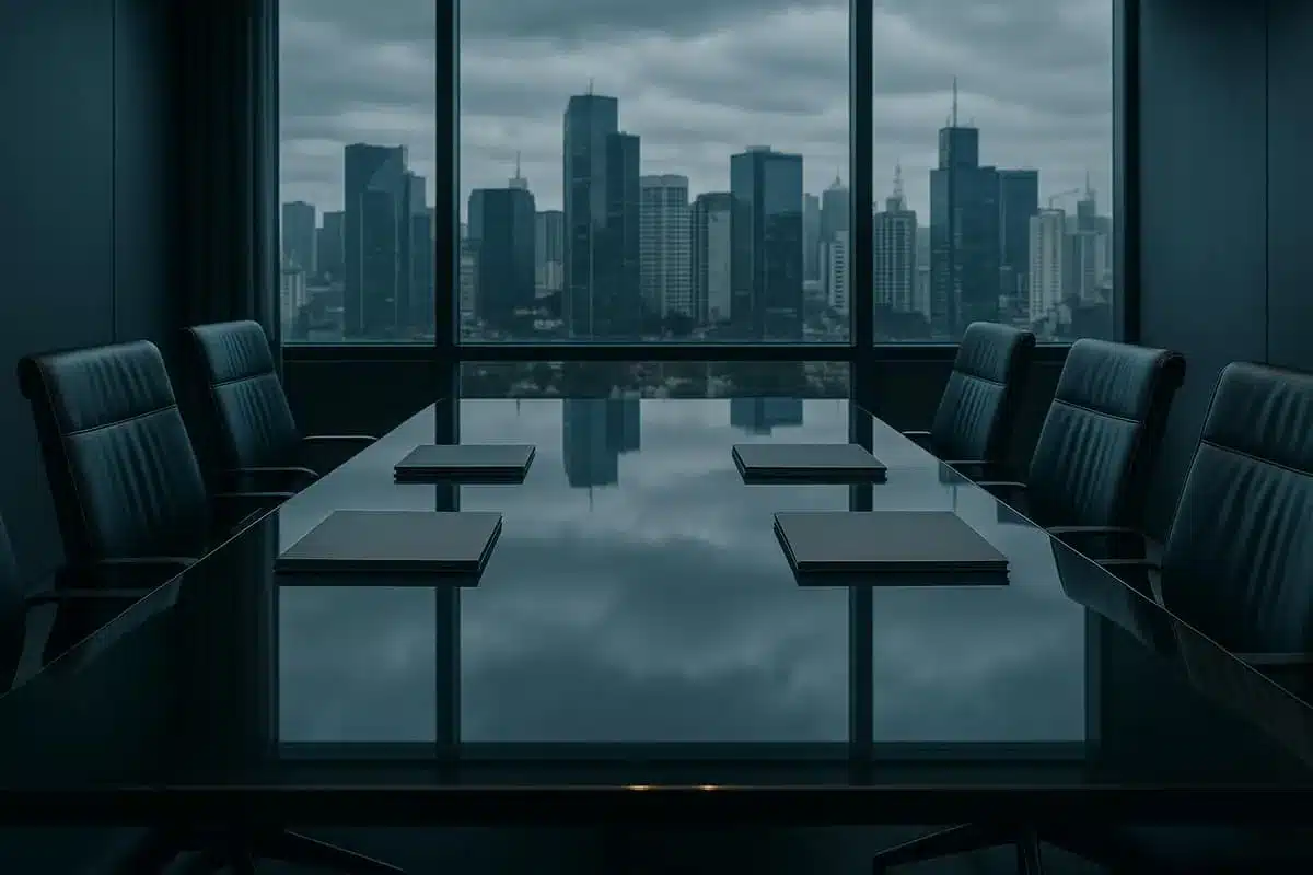 Sala de reunião corporativa em imagem editorial sobre o Grupo Fictor e o risco no crédito privado brasileiro.