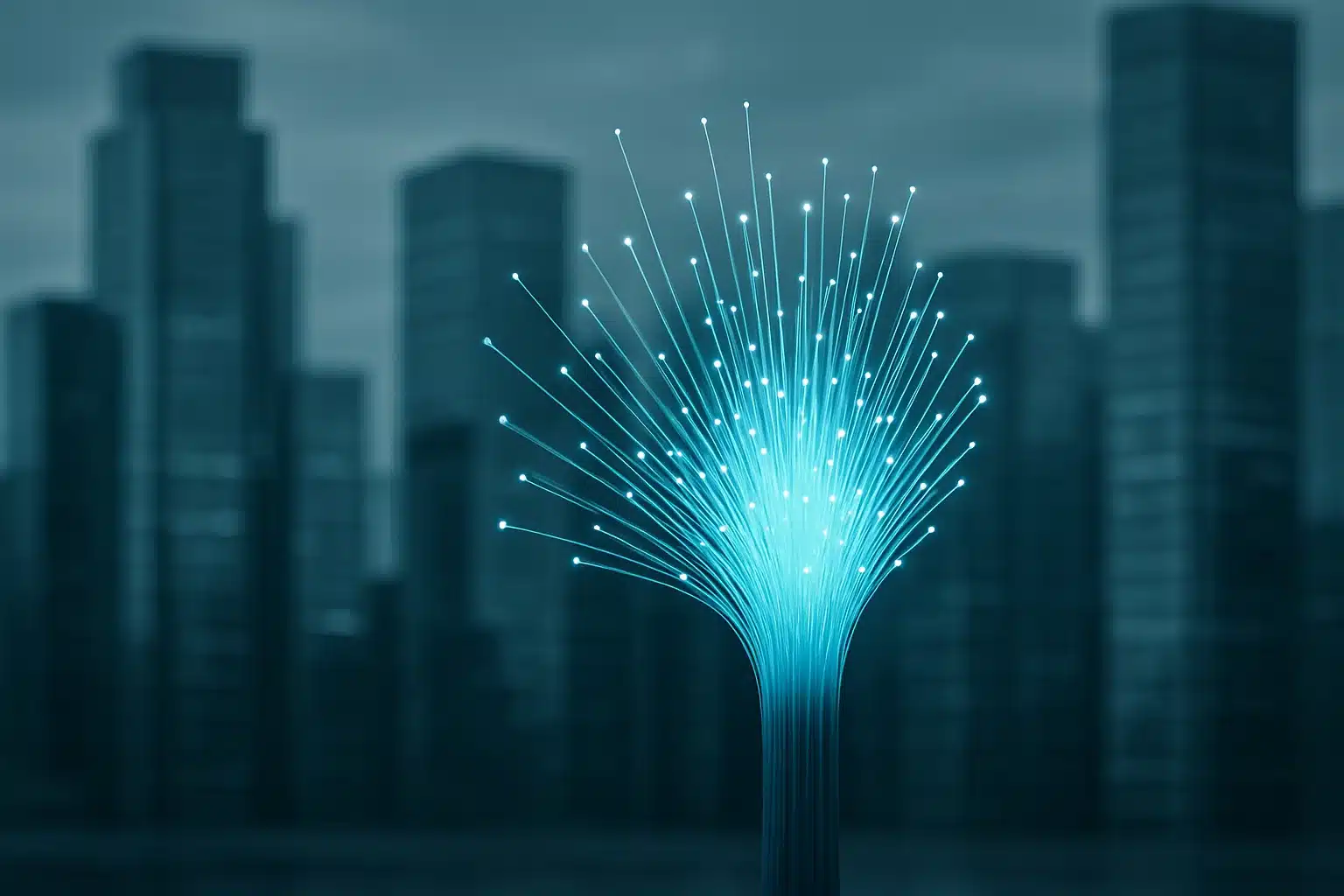 Composição editorial em tons frios com núcleo de fibra óptica e linhas de luz convergindo para um centro urbano abstrato, sugerindo consolidação da infraestrutura digital no Brasil.