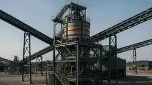 Planta industrial de processamento mineral em imagem editorial sobre minerais críticos do Brasil e a parceria com a Espanha.