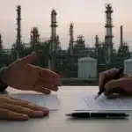 Mesa de negociação corporativa em primeiro plano e planta petroquímica ao fundo, em cena realista que sugere transição de controle e equilíbrio de governança no setor industrial.