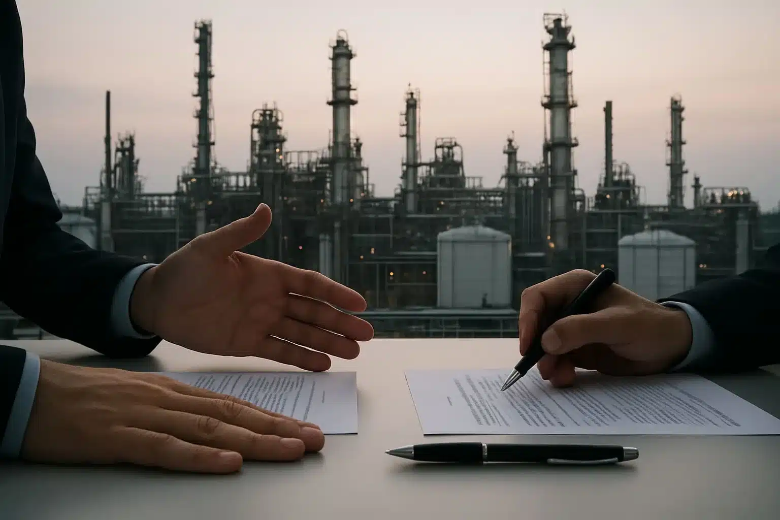 Mesa de negociação corporativa em primeiro plano e planta petroquímica ao fundo, em cena realista que sugere transição de controle e equilíbrio de governança no setor industrial.
