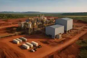 Vista ampla de uma mina de terras raras com planta de processamento em ambiente de cerrado, em composição editorial sobre cadeia mineral estratégica no Brasil.