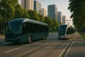 Avenida brasileira com ônibus elétrico e VLT em composição editorial sobre financiamento verde e mobilidade sustentável.