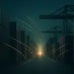 Composição editorial abstrata sobre comércio internacional, logística e abertura de mercados, com corredor portuário-industrial e fluxos de luz sugerindo a vigência provisória do acordo Mercosul-UE.