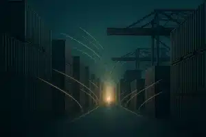 Composição editorial abstrata sobre comércio internacional, logística e abertura de mercados, com corredor portuário-industrial e fluxos de luz sugerindo a vigência provisória do acordo Mercosul-UE.