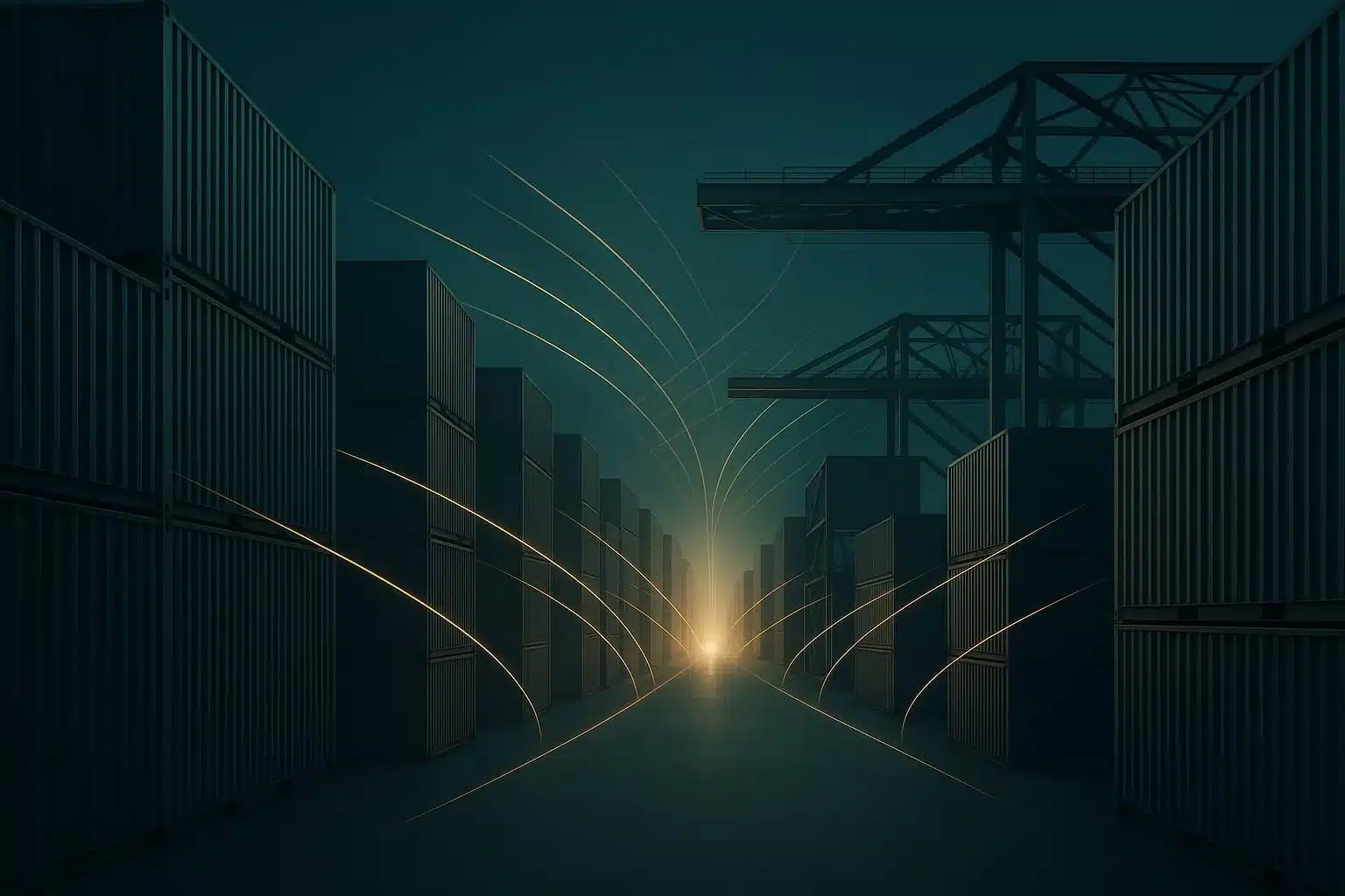 Composição editorial abstrata sobre comércio internacional, logística e abertura de mercados, com corredor portuário-industrial e fluxos de luz sugerindo a vigência provisória do acordo Mercosul-UE.