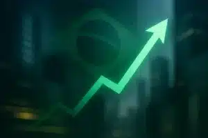 Composição editorial sobre a alta da bolsa brasileira puxada por capital global, com atmosfera de mercado financeiro e contraste sutil com a renda fixa.