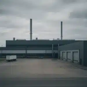 Vista ampla de uma planta automotiva em Camaçari, com galpões industriais e pátio logístico, em composição editorial sobre indústria e governança no Brasil.