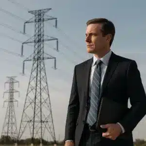 Cena editorial de infraestrutura elétrica com torres de transmissão e atmosfera corporativa, sugerindo entrada de capital privado no setor.