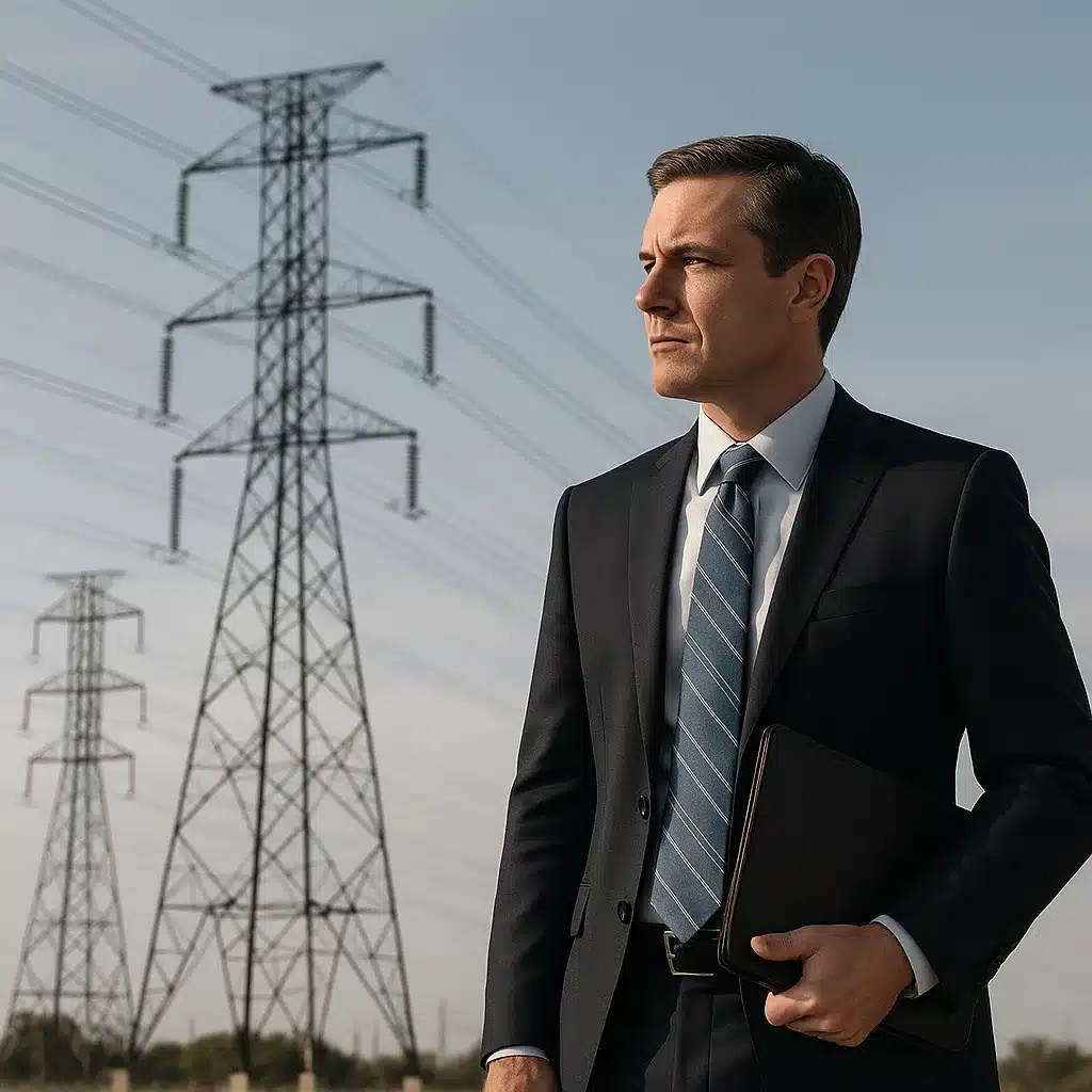 Cena editorial de infraestrutura elétrica com torres de transmissão e atmosfera corporativa, sugerindo entrada de capital privado no setor.