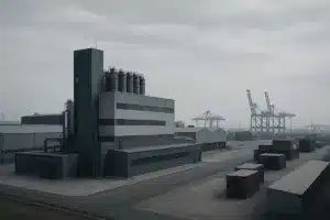 Complexo industrial e logístico brasileiro em composição editorial sobre política industrial e comércio exterior.