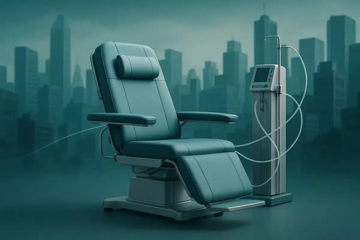 Cadeira moderna de hemodiálise em ambiente clínico sofisticado com fundo urbano abstrato, sugerindo a expansão internacional da M42 no mercado brasileiro de diálise.