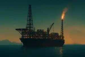 Plataforma offshore ao entardecer em composição editorial que sugere a consolidação regional do petróleo com ativos brasileiros no centro da operação.