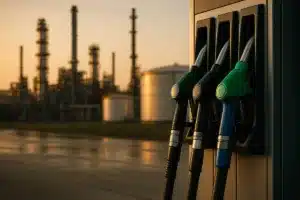 Bicos de combustíveis em primeiro plano diante de refinaria e tanques de petróleo desfocados, em composição editorial sofisticada sobre energia, arrecadação e alívio fiscal no Brasil.