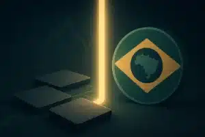 Composição editorial abstrata sobre regulação financeira e bloqueio de mercados de previsão no Brasil.