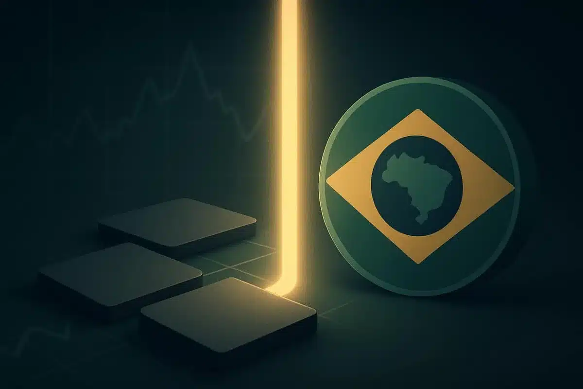 Composição editorial abstrata sobre regulação financeira e bloqueio de mercados de previsão no Brasil.