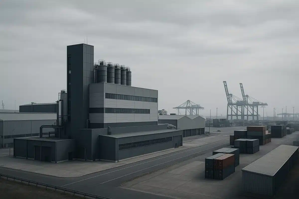 Complexo industrial e logístico brasileiro em composição editorial sobre política industrial e comércio exterior.