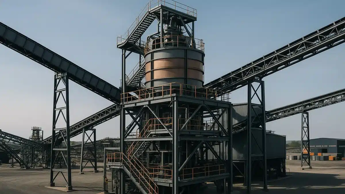 Planta industrial de processamento mineral em imagem editorial sobre minerais críticos do Brasil e a parceria com a Espanha.