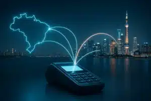 Imagem editorial sobre a expansão internacional da Ebanx e a exportação de infraestrutura de pagamentos a partir do Brasil