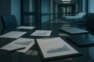 Imagem editorial sobre pressão financeira e crédito corporativo no setor de saúde privada brasileiro