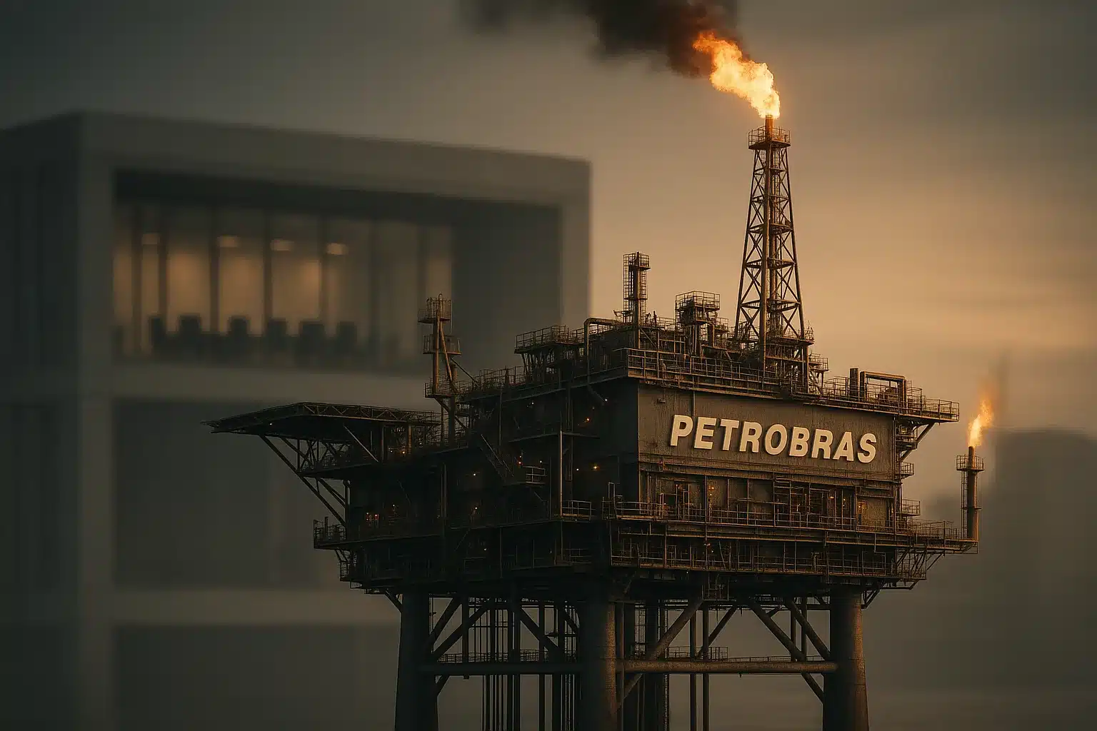 Imagem editorial sobre Petrobras, alta do petróleo e tensão de governança na política de combustíveis