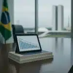 Composição editorial sobre credibilidade fiscal no Brasil, com documentos econômicos e ambiente institucional em Brasília.