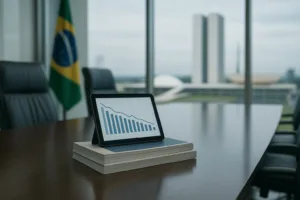 Composição editorial sobre credibilidade fiscal no Brasil, com documentos econômicos e ambiente institucional em Brasília.