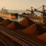 Terminal portuário brasileiro de minério de ferro ao amanhecer, com navio graneleiro e pilhas de minério.