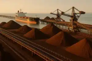 Terminal portuário brasileiro de minério de ferro ao amanhecer, com navio graneleiro e pilhas de minério.