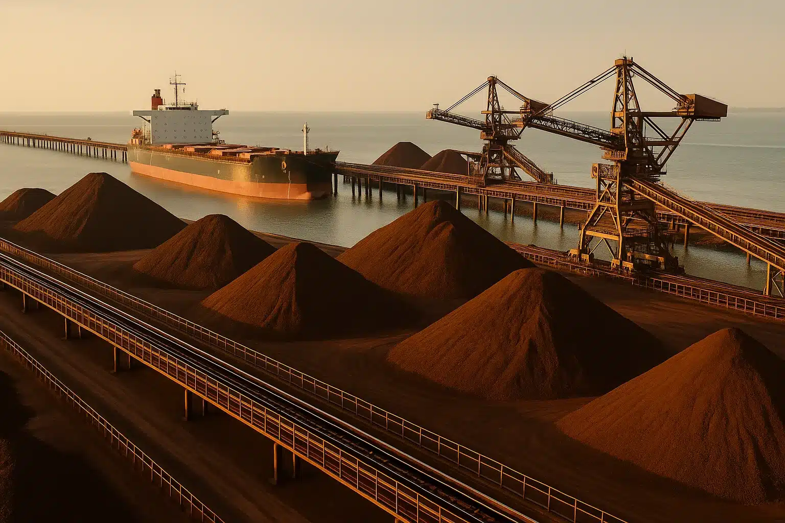 Terminal portuário brasileiro de minério de ferro ao amanhecer, com navio graneleiro e pilhas de minério.