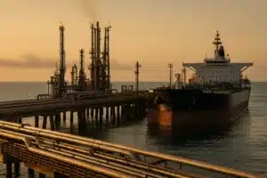 Terminal brasileiro de exportação de petróleo com navio-tanque ao entardecer.