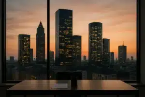 Centro financeiro europeu ao entardecer em imagem editorial sobre captação internacional do Brasil.