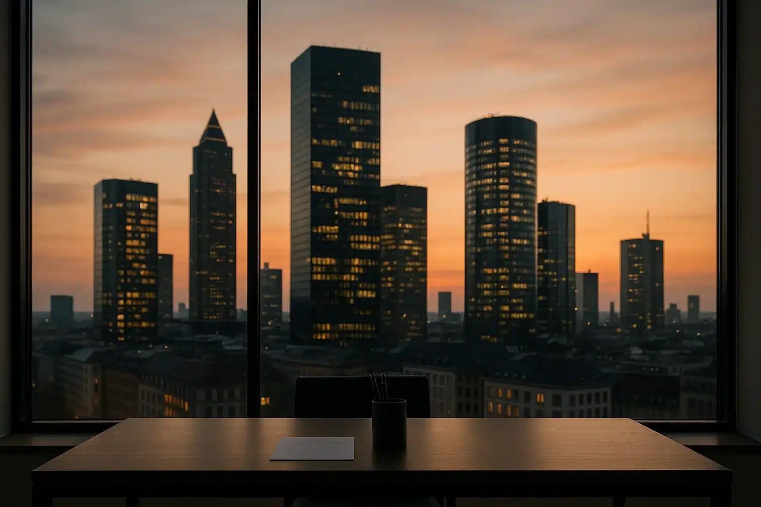 Centro financeiro europeu ao entardecer em imagem editorial sobre captação internacional do Brasil.
