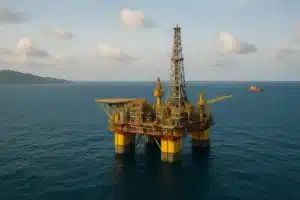 Plataforma offshore em mar aberto, em composição editorial sobre a expansão da Petrobras na África e a busca por novas reservas.