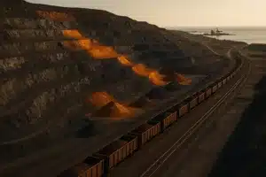 Mina a céu aberto e linha ferroviária em imagem editorial sobre mineração brasileira e superávit comercial.