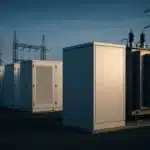 Contêineres de armazenamento de energia e infraestrutura elétrica em imagem editorial sobre a indústria brasileira de baterias.