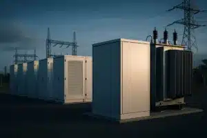 Contêineres de armazenamento de energia e infraestrutura elétrica em imagem editorial sobre a indústria brasileira de baterias.