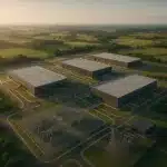 Vista aérea de um grande campus de data centers com infraestrutura elétrica e paisagem ampla ao redor, em composição editorial sofisticada que sugere escala industrial, energia e ambição tecnológica.