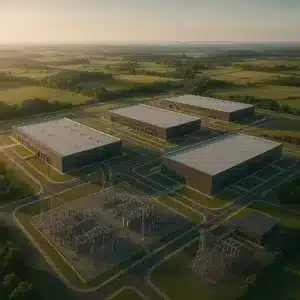 Vista aérea de um grande campus de data centers com infraestrutura elétrica e paisagem ampla ao redor, em composição editorial sofisticada que sugere escala industrial, energia e ambição tecnológica.