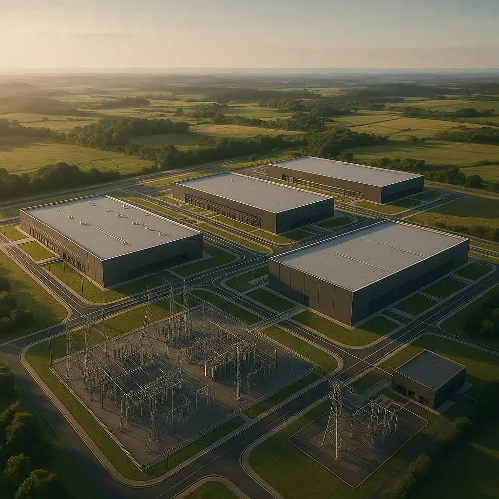 Vista aérea de um grande campus de data centers com infraestrutura elétrica e paisagem ampla ao redor, em composição editorial sofisticada que sugere escala industrial, energia e ambição tecnológica.