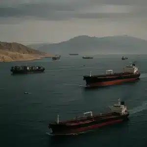 Navios cargueiros e petroleiros atravessando um estreito marítimo árido, em composição editorial sobre logística global e risco geopolítico.